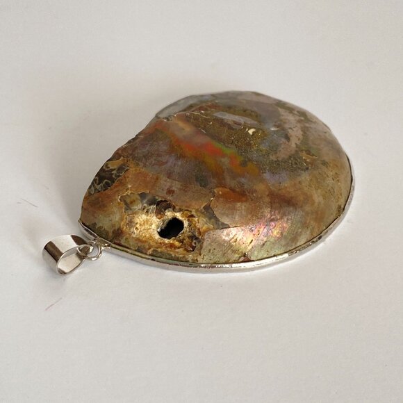 Large Brown Iridescent Ammonite Spiral Fossil Sterling Silver Pendant 2in Long - Picture 5 of 10
